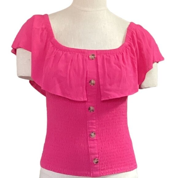 Express Ruffle Neck Smocked Top Button Accents S Pink 70X - Picture 1 of 10